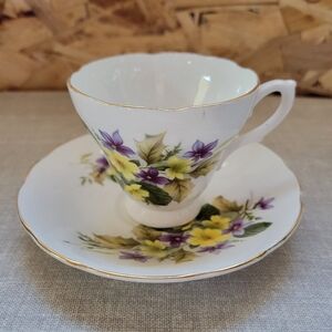 Floral Bone China Teacup and Saucer Set - White with Yellow and Purple Flowers